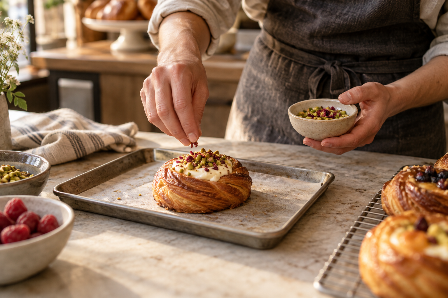A baker carefully finishes a fresh pastry at the counter.
